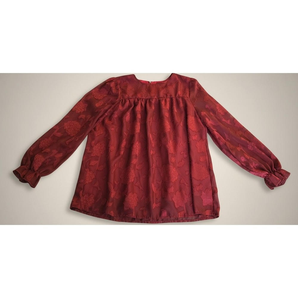 Funlingo Blouse Womens Small Burgundy Floral Sheer Long Sleeve‎ Dressy Top